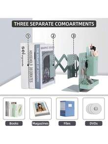 A Set Of Sturdy, Durable,,Desk Accesorries,Office Decor,útiles,Local Warehouse Items Escolares, Multifunctional Retractable Bookends With Pen Holder Hooks And Storage Boxes, 6-Piece Folding Space-Saving Desktop Storage Rack, Thick Partition Metal Book Storage Rack - màu xanh lá - Xem 4