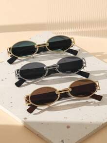 3pcs Plastic & Metal Multicolor Oval Full Frame Decorative Personalized Design Versatile Women's Fashion Glasses, Suitable For Summer Driving, Street Photography, Music Festivals, Carnivals And Other Fashionable Accessories - 3pcs Gold, Silver, Tea, Gray and Green Combination - View 7