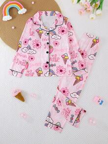 2pcs/Set Girls & Teens Casual Cartoon Ice Cream, Strawberry, Flower, Rainbow Print Lapel Long Sleeve Cardigan And Pants Pajama Set, Flame Retardant, All Season - Pink - View 2