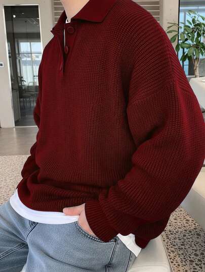 New Korean Loose Polo Collar Sweater Men, Casual Knitted Pullover Retro Collar Clothes, Spring Autumn Winter