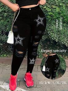 Women's Jeans, Women's Low-Rise Jeans, Minimalist Style Women's Clothing, Vintage Casual And Elegant Jeans, Y2K Ripped Skinny Butt-Lifting Jeans, Star Print Cute Decoration, Slanted Pockets, Zipper And Button Closure, Petite Women's Clothing, Exquisite Details, Fashionable And Sexy, Suitable For Outdoor Wear, New Year, Street Style, Birthdays, Going Out, Christmas, Clubs, Vacations, Concerts, Festivals And Parties, Etc. - 黑色 - 查看 4