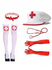 7pcs Sexy Nurse Costume Set, Includes Cross Hat, Stethoscope, Medical Accessories, Red Gloves, Stockings, Suitable For Cosplay, Party, Bachelorette, Bar, Makeup Props, Women's Fashion Outfit, Halloween