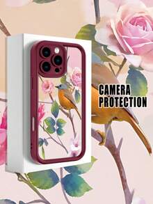 1 pieza funda de teléfono con diseño de pájaro posado en rama con flores rosas y hojas verdes, estilo artístico y natural ideal para amantes de la naturaleza y lo elegante, TPU suave, protección completa antiimpacto y antideslizante, compatible con iPhone17 ProMax/16/15/14/13/12/11/Plus/Pro/ProMax, compatible con Galaxy A34/A35/A54/A55, Galaxy S20/S21/S22/S23/S24/S25 Ultra/Plus, compatible con Galaxy/Redmi/Honor/OPPO/ViVo - Burdeos - Ver 1