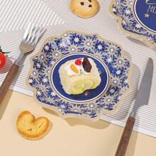 10/20/40/50pcs,Navy Blue Gold Eid Disposable Paper Plate Set, 7 Inch & 9 Inch Fan Edge Paper Tray - Geometric Star Pattern Eid Gold Font Moon Lantern Design, Fan Edge Thickened Dinner Plate, Suitable For Eid Dinner, Family Gathering, Mosque Community Eid Celebration. - Multicolor - View 2