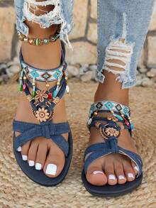 Bohemian Criss-Cross Beach Sandals - Navy Blue - View 2