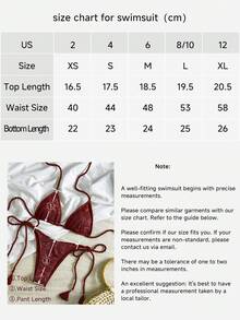 Bikinx 女士波西米亚风树叶印花网纱露背钩编系带棕色比基尼套装，高弹力侧系带泳衣 - 紅木色 - 查看 4