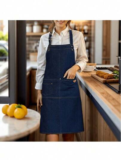 1件耐用易清洗纯色牛仔围裙，烘焙和烹饪配件