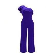 Chic Women's One-Shoulder Jumpsuit With Ruffles - High Waist, Loose Fit, Solid Color. - Blue-purple - View 4