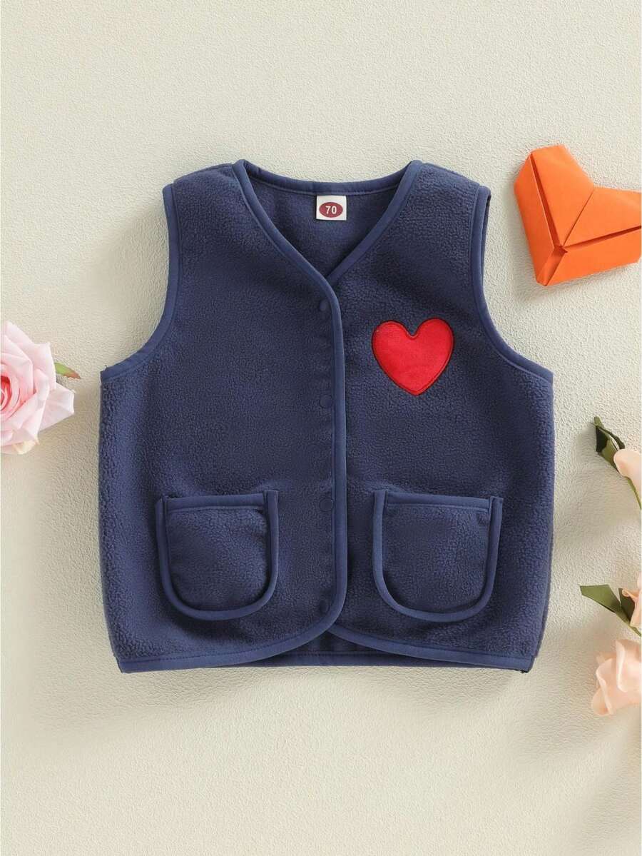 Toddler Boys Fleece Vest Lightweight Long Sleeve Heart Embroidery Button Down Kid Jacket Vest - 藍色 - 查看 1