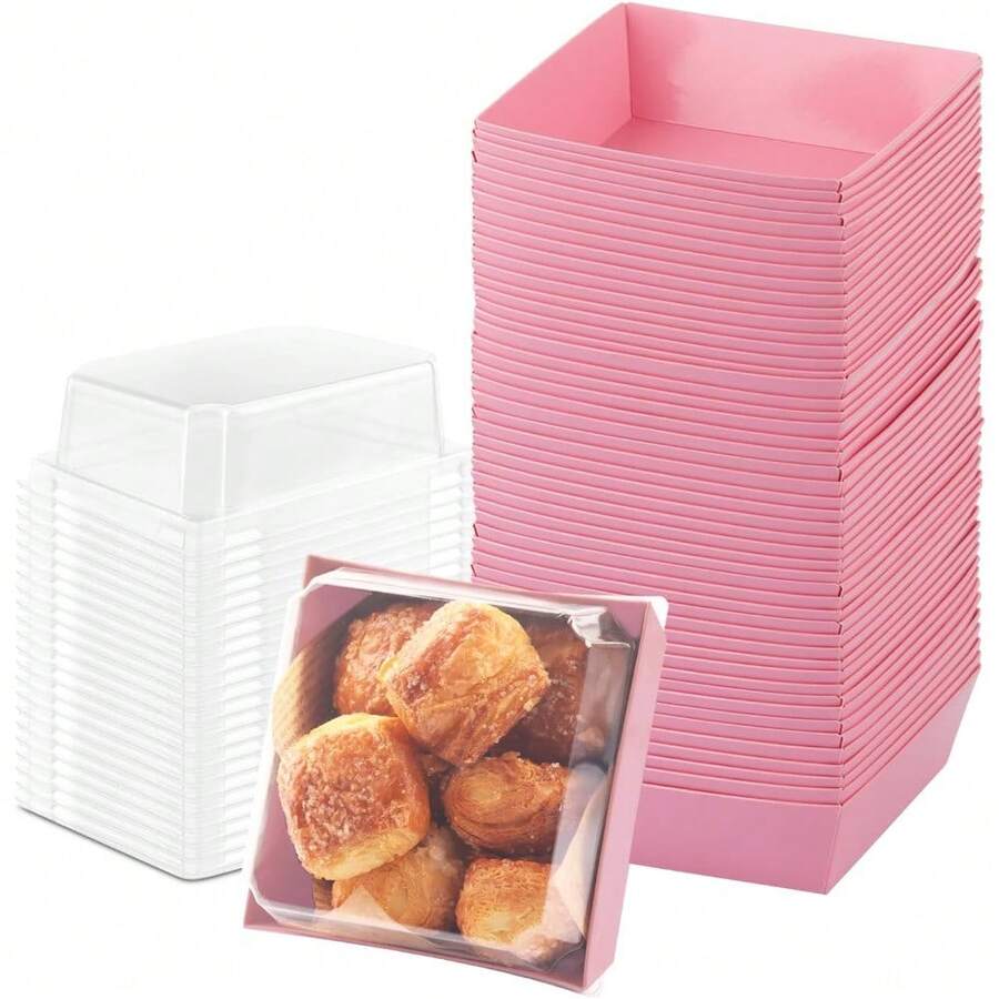 50 Pack Charcuterie Boxes With Clear Lids, 4 Inches Pink Dessert Boxes To Go Disposable Mini Charcuterie Boxes For Cookie, Sandwich, Strawberry, Cupcake, Macaron, Cake Slice - 粉色 - 查看 1