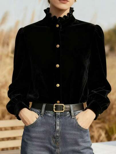 Women's Elegant Black Velvet Ruffle Collar Long Sleeve Blouse. Carefully Selected High-Density Velvet, Soft And Plush Texture. Puff Sleeves With Palace Style, Custom Embossed Gold Buttons, High-End Quality. Slightly Loose Fit, Flattering And Slimming. Suitable For Spring, Autumn And Winter, Can Be Worn Alone Or As A Layering Piece For Commuting, Office And Daily Wear.