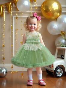 Baby Girls' Round Neck Bow Ruffle Mesh Cute Wedding Flower Girl Dress, Suitable For Party, Holiday, Vacation, Does Not Include Headband - Multicolor - View 2