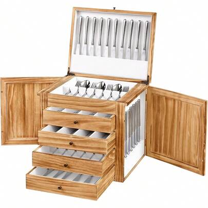 Silverware Organizer With Lid, 5-Layer Wooden Silverware Holder With Lid For Silver, Rustic Style Flatware Organizer Chest With Felt Lined, Silverware Storage Box For 30 Or More Sets Of Utensils