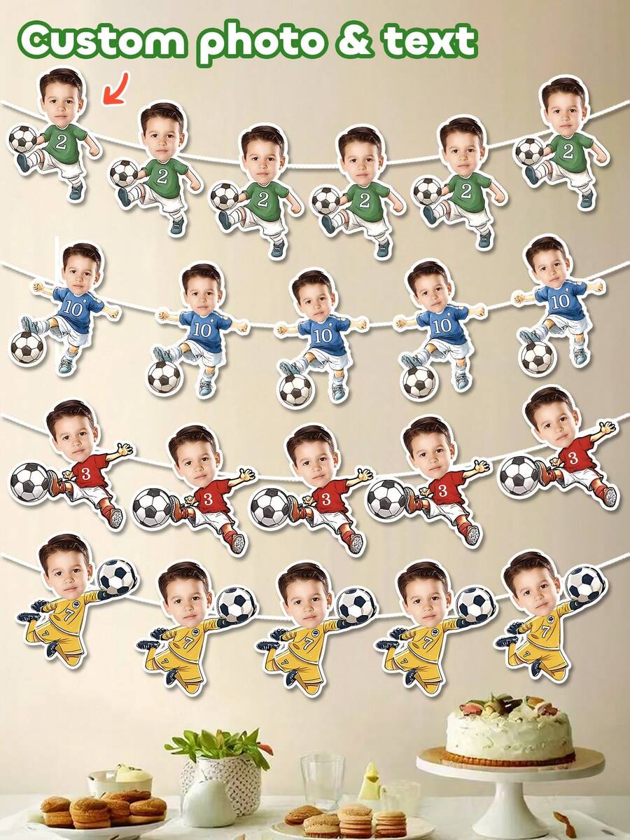 7/14/21pcs Customized Soccer Player Photo Banner, Personalized Face Soccer Banner, Hanging Decorative Flag, Soccer Background Wall, Sports Party Happy Birthday Celebration, For Boys, Party Supplies - Multicolor - View 1
