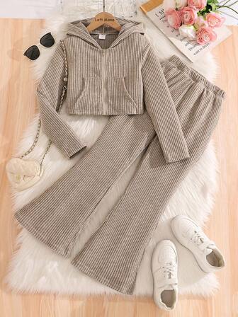 Left Mama 2件套女童休闲百搭针织连帽卫衣和阔腿裤套装，适合外出穿着，春秋季