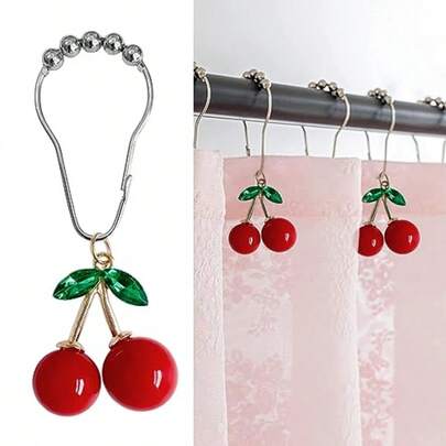 WSXC Cherry Bathroom Decor Curtain Hooks Rings For Bathroom Shower Rod 12pcs - Rust Proof Metal Stainless Steel Curtain Ring Red Cherry Pendant Decoration