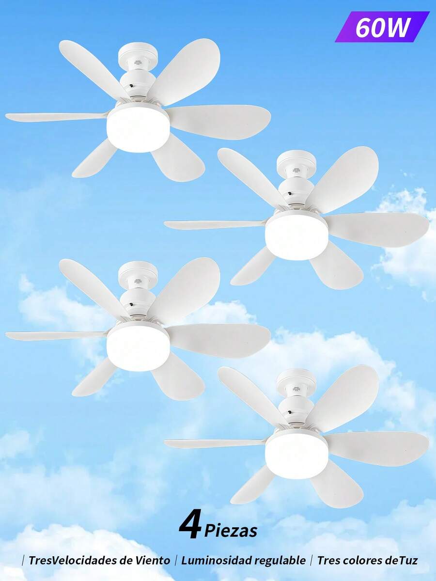 4 piezas 60W/50W Ventilador de techo con luz y mando a distancia, ventiladores de techo con luz de 20,5 pulgadas/16.5 pulgadas, ventilador con bombilla de base E27, 3 colores 3000K-6500K, ventilador con luz regulable para garaje, baño, dormitorio, cocina, 4000 lúmenes.