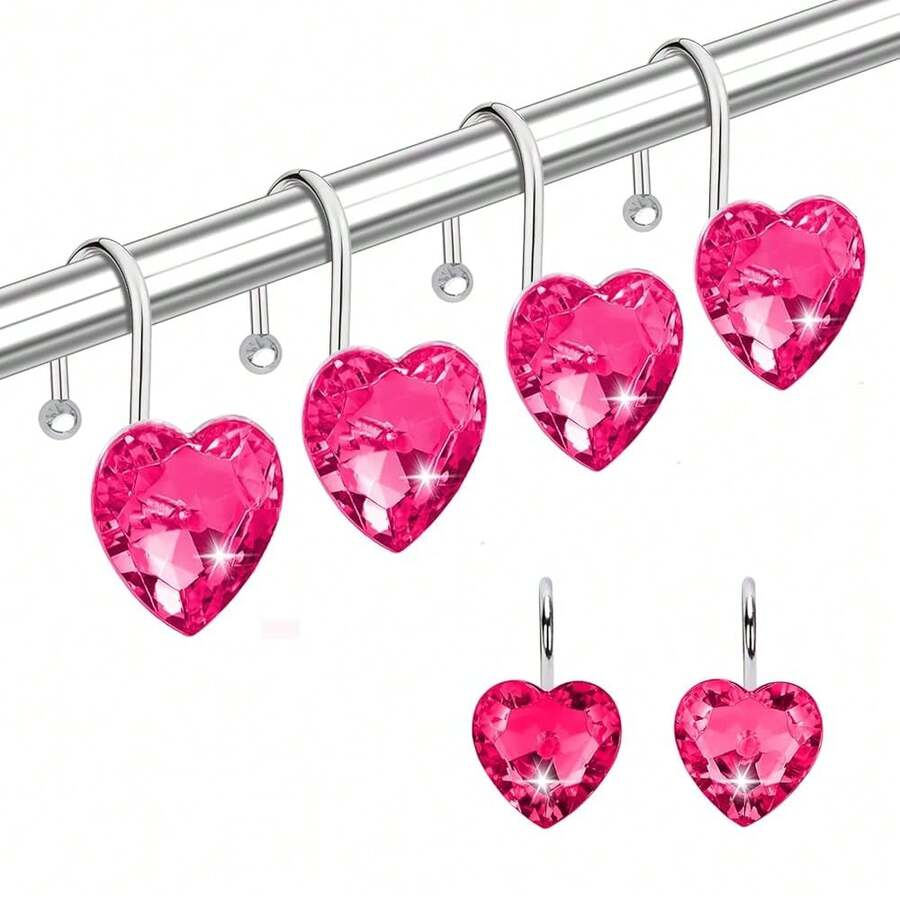 Shower Curtain Hooks Rings For Bathroom, 12PCS Heart Stainless Steel Rust Resistant Decorative Rhinestones Shower Curtain Rings Hangers For Shower Curtains (Single Hook Hot Pink),SingleHookHotPink - SingleHookHotPink - View 1