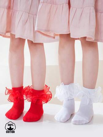 2 pares de calcetines de unicolor con adorno de encaje de malla transparente, calcetines de estilo princesa Lolita para niñas estudiantes y baile