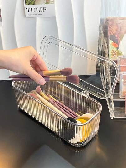 Acrylic Makeup Organizer With Lid - Dust-Proof Storage Box For Makeup Brushes, Makeup Sponge And Puffs - Portable, No Installation Required, Can Be Used As Display Box, Vanity Decor, Makeup Sponge Holder
