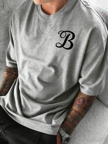 Zrgoth Men's Casual Versatile Simple Letter B Chest Graphic Print Short Sleeve T-Shirt - Grey - View 2