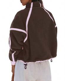 Women's Casual Polyester Stand Collar Long Sleeve Zipper Coat With Drop Shoulder Design Regular Length - Brown - View 5