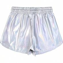 Pantalones cortos metlicos para mujer, para yoga, brillantes, con cordn y cordn - CH + Color Metálico - Ver 2