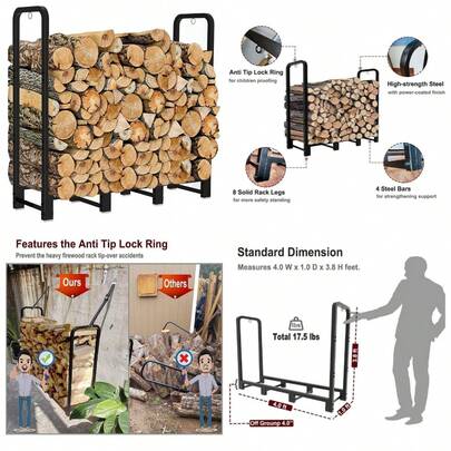 Firewood Rack Stand 4ft Heavy Duty Logs Holder For Outdoor Indoor Fireplace Metal Wood Pile Storage Stacker Organizer, Matte Black