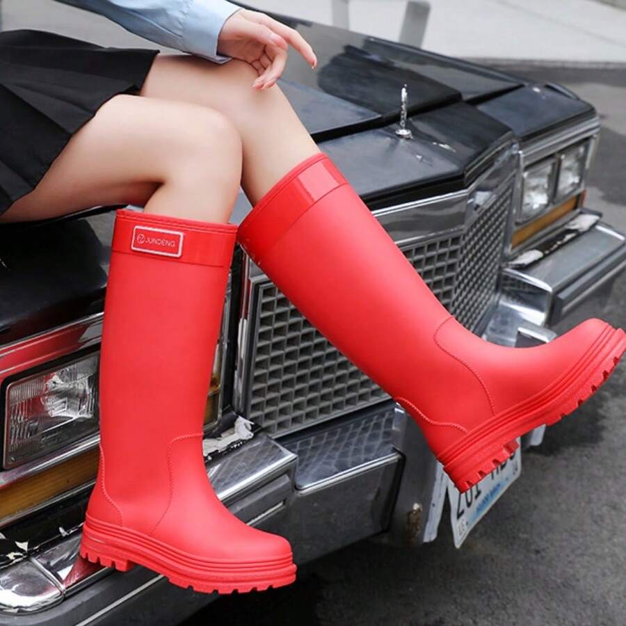 Stylish Fleece-Lined High-Top Rain Boots For Women, Thickened, Waterproof, Non-Slip, Long Rubber Boots - Đỏ - Xem 1
