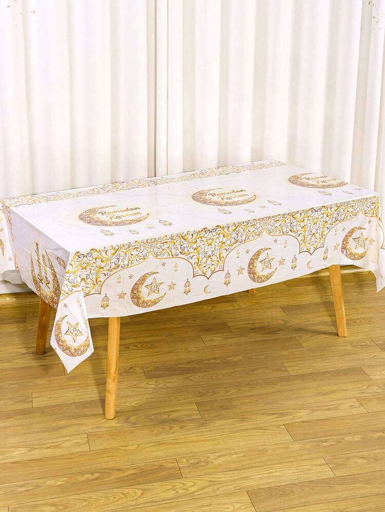 1pc Ramadan Plastic Tablecloth, 130x220CM White Golden Ramadan Kareem Table Cover, Disposable Rectangle Eid Star Moon Lantern Tablecloth, Ramadan Mubarak Kitchen Dining Room Table Decorations, Eid Al-Fitr Party Supplies, Ramadan Decorations For Home - Multicolor - View 2
