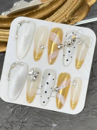 Juego de 10 uñas postizas acrílicas hechas a mano, de tacón alto, con efecto de ojo de gato, puntas francesas, efecto espejo dorado, decoración con diamantes 3D brillantes, decoración de lunares negros, uñas largas, estilo Y2K, uñas postizas desmontables, suministros para uñas y arte de uñas, adecuadas para fiestas, bailes, uso diario, fiestas estudiantiles, de aplicación y reutilizables, con pegamento de gelatina y lima de uñas