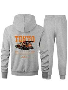 Plus Size Men's Racing English Graphic Print Casual Hoodie Sweatshirt + Sweatpants Set, Autumn/Winter - Grey - View 2