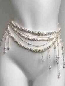 1pc European And American Style Tassel Multi-Layer Waist Chains, Fashionable, Elegant And Sexy Waist Chains For Women, Party Jewelry For Valentine's Day - 白色 - 查看 7