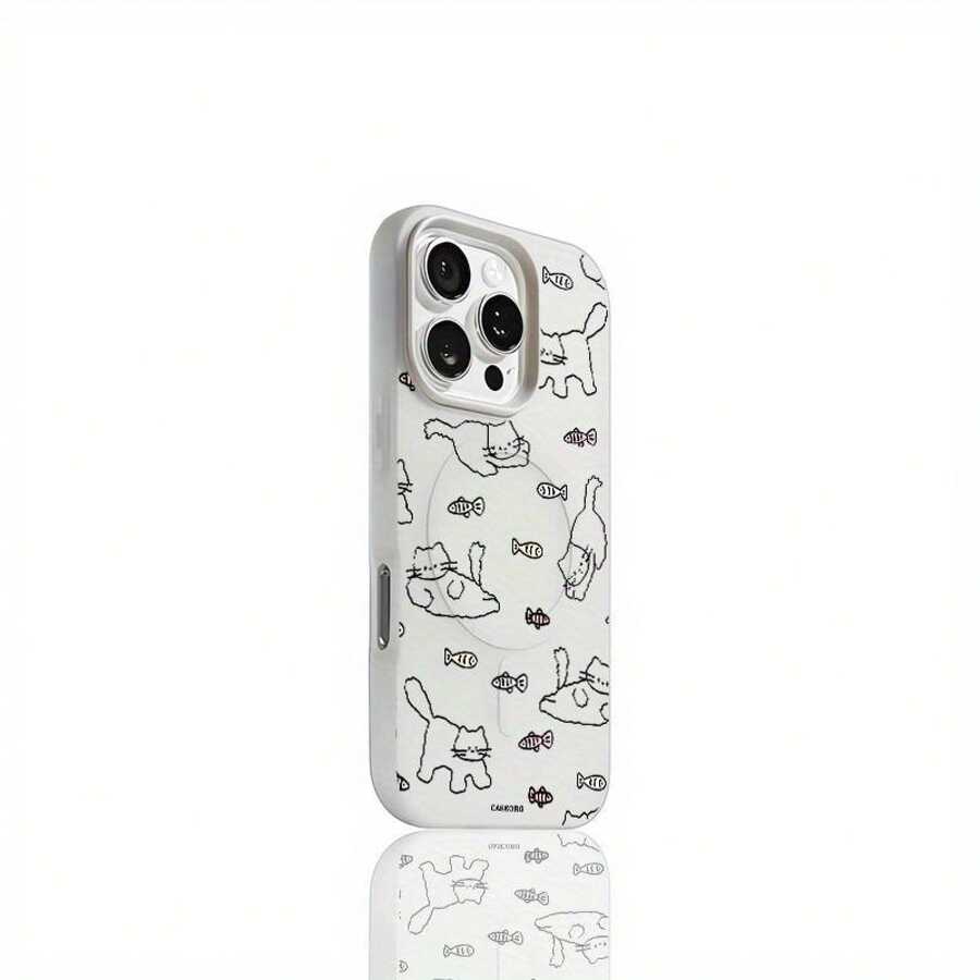 Funda magnética de material TPU 2 en 1 con diseño de macarrón, línea de peces colorida, textura beige claro, adecuada para la funda de teléfono 16Pro, 11/12/13/14/15 Promax, funda protectora premium, regalo de Navidad, regalo de Año Nuevo, regalo de Pascua, para familiares y amigos, regalo de vacaciones, accesorioóvil, diseño de macarrón, funda elegante, funda a prueba de golpes, material duradero, carcasa delgada para teléfono, amantes de las mascotas, compradores de regalos - Negro - Ver 1