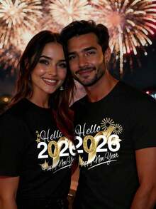 Manfinity Homme Camiseta negra unisex "HELLO 2026 Feliz Año Nuevo", edición limitada de pareja con elemento de cinta dorada 2026 Año Nuevo, cuello redondo - Negro - Ver 1