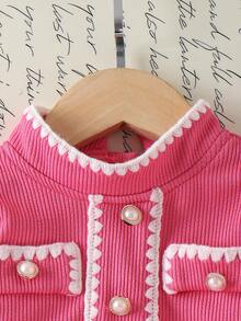 2pcs Baby Girls Cute Faux Pocket Long Sleeve Sweatshirt And Straight Leg Pants Set, Spring/Autumn - Hot Pink - View 4