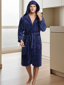 Mens Plush Fleece Hooded Robe, Soft Warm Long Bathrobe With Pockets, Cozy Spa Shower Robe - Blue - View 4