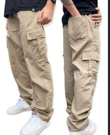 Men's Black, Khaki, And Beige Skater Cargo Pants With Elastic Waistband, Sizes S To XL - 薑色 - 查看 2