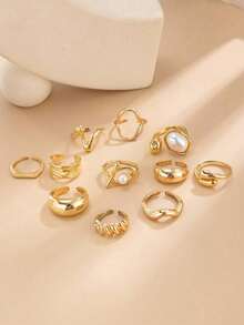 11pcs Vintage Punk Baroque Faux Pearl Asymmetric Hollow Geometric Ring Set, Fashionable Design Suitable For Women's Daily Outfit And Party Accessories - Gold - View 4