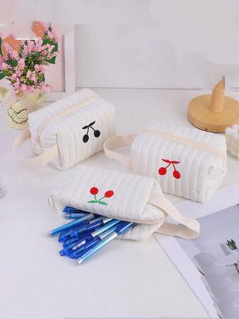 1 New Style, Korean-Style Cute Cherry Large-Capacity Makeup Bag, Cartoon Portable Toiletry Bag, Student Embroidered Pencil Case, Multifunctional Cosmetics Storage Bag, Wallet, Portable Cosmetics Brush Storage Bag With Zipper Closure, Can Hold Lipsticks, Brushes, Skincare Products, Phone, Coins, Small Items, Student Stationery Storage Pencil Case