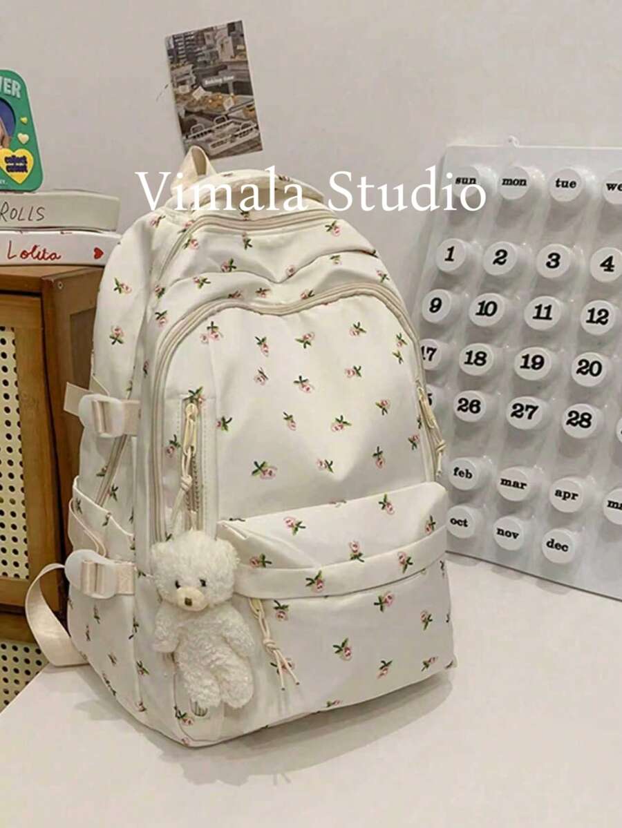 时尚玫瑰印花女童背包，多口袋设计，加厚学生背包，防水，带泰迪熊挂件，大容量，适合青少年、女性或学生，可装书本、购物用品，返校必备，可搭配各种背包配件，适合小学、中学和大学，返校大学背包，大学必备
