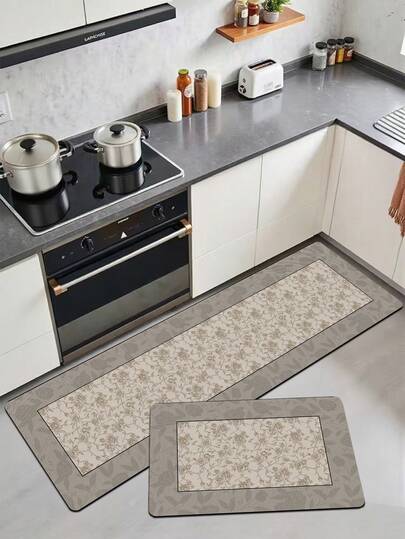 שטיח מטבח סיליקה ג'ל 1 יחידות, עם בסיס בצבע בז' רך עם רוויה נמוכה של דוגמת פרחים בצבע חום בהיר ורד ועלים, עיצוב גבול מינימליסטי, סגנון כפרי וינטג', שטיח מטבח מרופד נגד עייפות, חומר בד משטח, חומר סופג ספוג באמצע