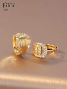 Hihho 1 Pair Fashionable & Elegant Zirconia Edged Oval Hoop Earrings, Versatile Jewelry Accessory For Women, Suitable For Daily, Work, Shopping Outfit - Earrings - View 5