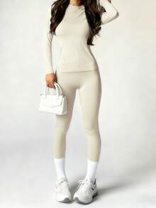 OKP Two Piece Set Women,Workout Sets Women,Women's Yellow Minimalist Casual Long Sleeve Top And Pants Set-Lined Set,Yoga Set - 米色 - 查看 4