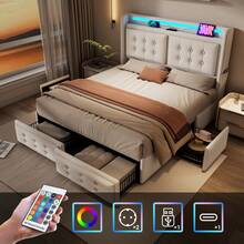 Upholstered Bed 160x200, Double Bed With LED Headboard And USB C Charging Function And 4 Drawers, Storage Bed With Slatted Base Made Of Wood And Metal Frame, Load Capacity 300 Kg, Beige, Cotton (Without Mattress) - Beige - View 3