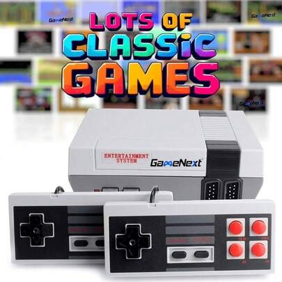 Consola retro con controlador blanco para jugar en casa, controlador inalámbrico, consola portátil con mini TV clásica NES incorporada.