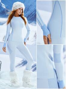 Leorrey 1 Set Women's Crew Neck Contrast Color Tight-Fitting Long Sleeve High Waist Shaping Pants, Outdoor Hiking Skiing Fitness Workout Running Sports Ski Clothes - Blue and White - View 7