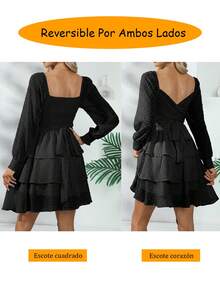 Vestidos Casuales de Manga Larga con Mangas de Rejilla para Mujer, Casual y Elegante Reversible - Negro - Ver 9