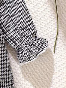 1件女婴甜美公主风千鸟格蝴蝶结装饰收腰长袖连衣裙，春秋季 - 黑與白 - 查看 7