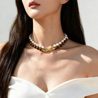 1pc Double-Layer Necklace, Multiple Wearing Styles, Natural Tiger Eye Stone, Vintage Design, Suitable For Daily Wear, Gifting, And Parties